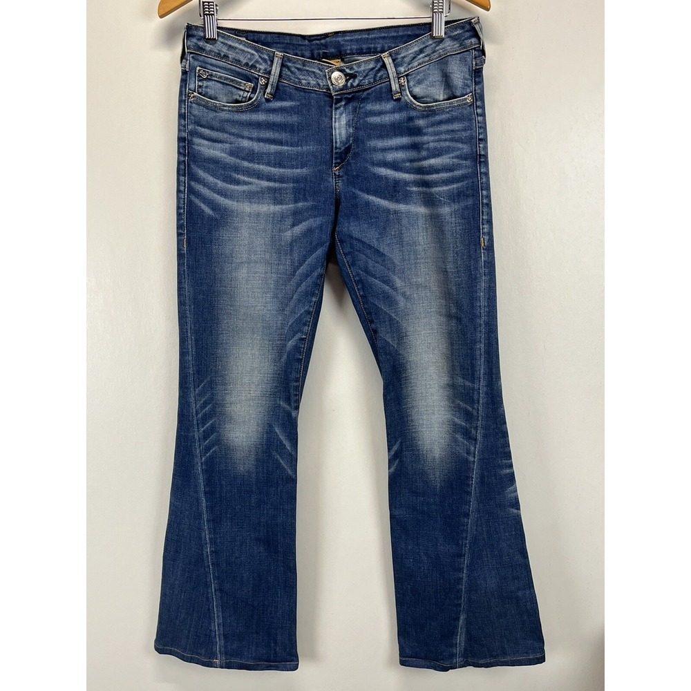 True Religion Joey Jeans Womens 31 Low Rise Flare Whiskering Y2K Flap Pockets